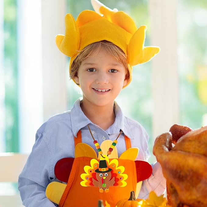Winlyn 24 Sets Fall Craft Kits DIY Thanksgiving Turkey Necklaces Art Sets Autumn Maple Leaves Turkey Feathers Foam Thanksgiving Stickers for Kids Harvest Home Classroom Activities Party Favors