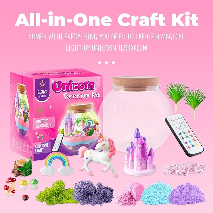 JOYEEMAX Unicorn Light-Up Terrarium Kit for Kids - LED Night Light Birthday Gift for Girls Ages 4 5 6 7 8-12 Year Old - Unicorn Toys for Girls - DIY Arts and Crafts Kit for Kids - Best Girls Presents