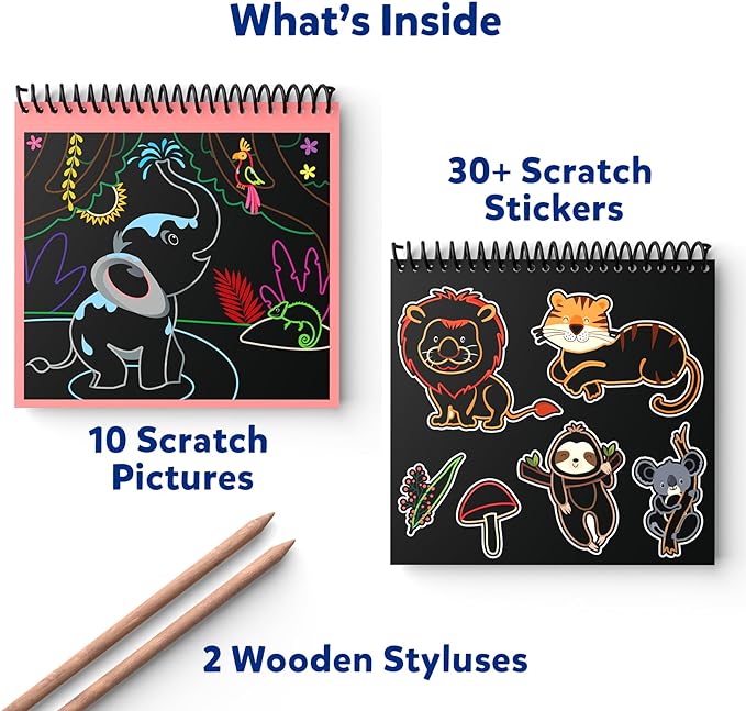 Skillmatics Magical Scratch Art Book for Kids - Animals, Craft Kits & Supplies, DIY Activity & Stickers, Gifts for Toddlers, Girls & Boys Ages 3, 4, 5, 6, 7, 8, Travel Toys