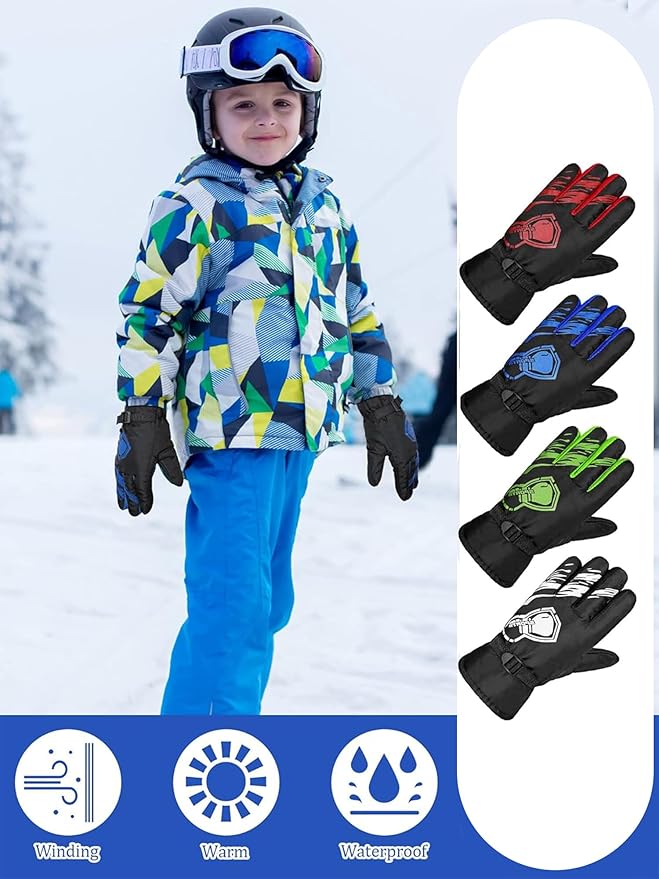 Yaomiao 4 Pairs Kids Winter Long Gloves Waterproof Children Long Cuff Snow Mittens Windproof Ski Gloves for Outdoor