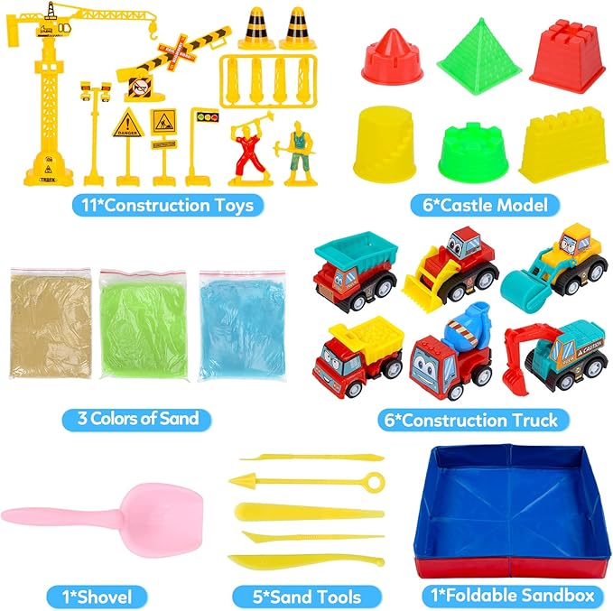 ThinkMax Sand Kit for Kids, 3lbs Sand, 6 Mini Construction Trucks, Construction Toys and Signs, Castle Sand Molds Tools, Foldable Box and Storage Bin Tote, 43PCS Sand Set for Boys Grils
