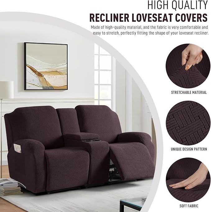 KinCam Loveseat Recliner Covers with Middle Console Slipcover, Recliner Sofa Covers 2 Seat Couch Cover Stripe Jacquard Furniture Protector Covers with Elastic Bottom for Kids, Pets (Chocolate)