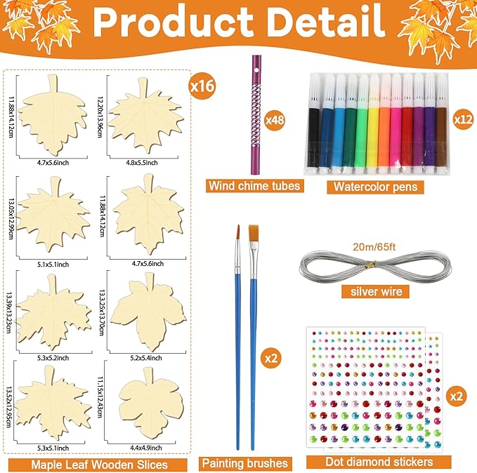 gisgfim 16 Pack Fall Wind Chime Kits for Kids Make Your Own Maple Leaves Wind Chime Wooden DIY Arts and Crafts for Thanksgiving Autumn Party School Classroom Decorations Supplies Birthday Favor