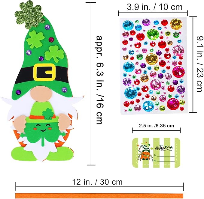 Winlyn 24 Sets St. Patrick's Day Decorations Gnome Shamrock Ornaments DIY St. Pat's Craft Kits Assorted Lucky Four-Leaf Clover Irish Shamrock Foam Stickers for Kids Classroom Home Activity Art Project