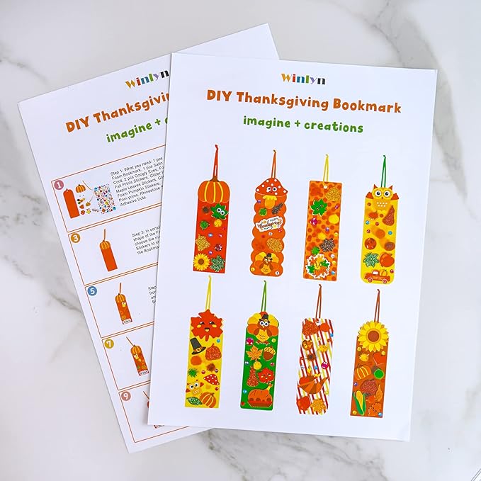 Winlyn 32 Sets Fall Crafts Kits DIY Fall Bookmarks Decorations Art Sets Maple Leaves Smile Face Owl Turkey Pumpkins Foam Stickers Arts and Crafts for Kids Thanksgiving Halloween Classroom Activities