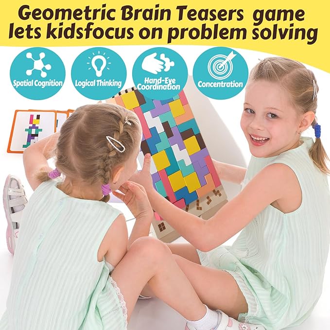 Wooden Blocks Puzzle Brain Teasers Toy Tangram Jigsaw Puzzle Intelligence Colorful 3D Russian Blocks STEM Montessori Educational Gift for Boys and Girls,Board Game Educational Toys for Toddlers