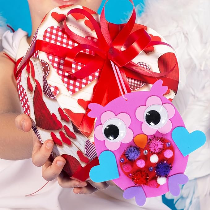 Winlyn 24 Sets Valentine Decorations DIY Heart Owl Ornaments Valentine Craft Kit Valentine Owl Art Sets Hearts Foam Valentine Stickers for Kids Valentine's Day Party Classroom Activities Gift Exchange
