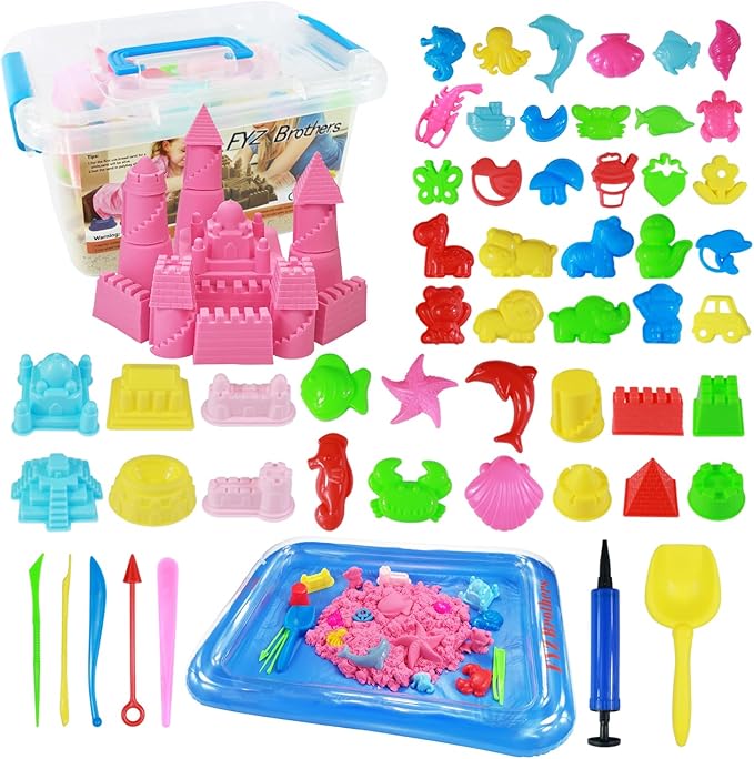 Play Sand Kit, 54Pcs Sandbox Toys Set for Boys Girls, 3lbs Magic Pink Sand, Mold Tools, Inflatable Tray, Storage Box, Funny Birthday Christmas Gift