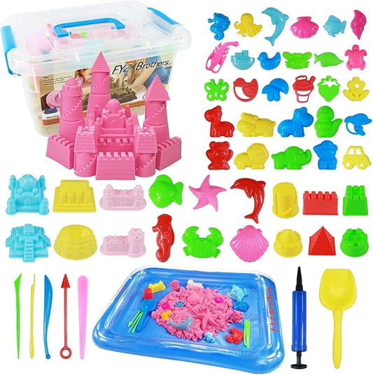 Play Sand Kit, 54Pcs Sandbox Toys Set for Boys Girls, 3lbs Magic Pink Sand, Mold Tools, Inflatable Tray, Storage Box, Funny Birthday Christmas Gift