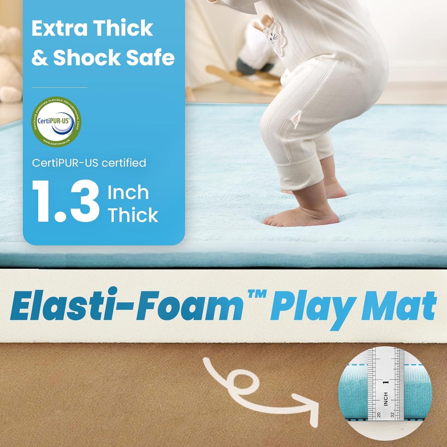 1.3" Thick Baby Play Mat,Ultra Soft Elasti-Foam 50×50 Playpen Mat for Tummy Time,Water-Repellent Coral Fleece Nursery Rug for Infants,Toddlers,Kids,Non-Slip Safe for Crawling(Ice Blue)