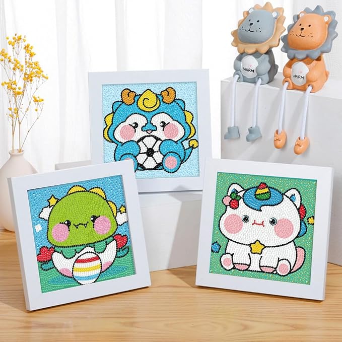 FQOVKYN 4 Pcs Cute Animals Diamond Art Kits for Kids Age 6-12, DIY Cartoon Dinosaur Diamond Art Painting for Adults Beginner, 5D Kids' Mosaic Kits Full Round Drill Gem Art for Kids 6X6 inch