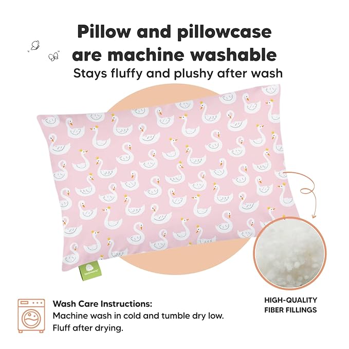 Toddler Pillow with Pillowcase - 13x18 My Little Dreamy Pillow, Organic Cotton Toddler Pillows for Sleeping, Kids Pillow, Travel Pillows, Mini Pillow, Nursery Pillow, Toddler Bed Pillow (Swan Lake)