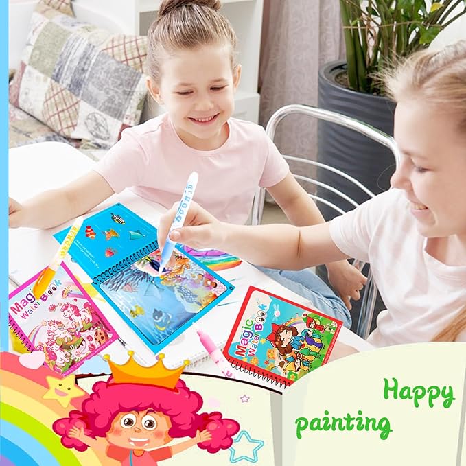 Water Coloring Painting Books for Kids,Reusable Water Doodle Book Toys for Toddlers Car Travel,16pcs Portable Drawing Kits with16pcs Pens,Dinosaur,Unicorn,Train,Space