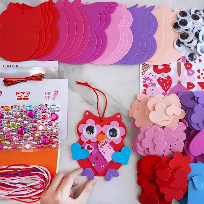 Winlyn 24 Sets Valentine's Day Craft Kits Heart Crafts DIY Valentine's Day Owl Ornaments Decorations Art Sets Foam Owl Heart Stickers for Kids Valentine's Day Party Classroom Activities Gift Exchange