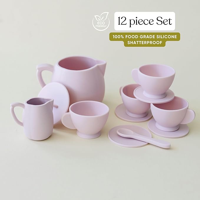 Marlowe & Co Silicone Tea Play Set for Children, 12 Piece Dishwasher Safe Tea Gift Set for Toddlers (Primrose Pink)