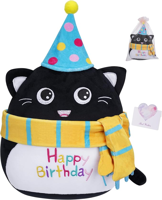 Stuffed Cat Birthday Plush Gift - Adorable Black Cat Stuffed Doll, Cute Birthday Hat and Scarf, Soft Huggable for Kids, Cute Decor, 8 Inch