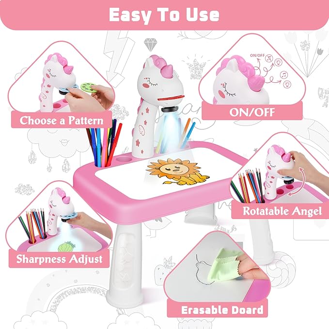 Drawing Projector for Kids，Projector for Drawing Toys for Ages 5-7，Drawing pad with Music，Pencils，Crayons，Scrapbook，Sticker Book，Unicorn Stickers，Kids Projector Unicorn Toys for Girls Age 4-6