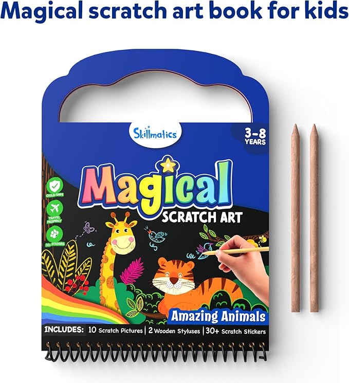 Skillmatics Magical Scratch Art Book for Kids - Animals, Craft Kits & Supplies, DIY Activity & Stickers, Gifts for Toddlers, Girls & Boys Ages 3, 4, 5, 6, 7, 8, Travel Toys