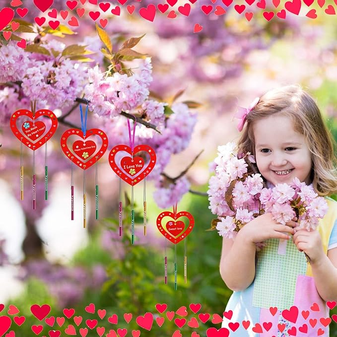 Fennoral 27 Pack Heart Wind Chime Kit for Kids Make You Own Red Heart Wind Chimes Mother's Day Wooden Ornaments for Kids Art and Craft Party Decoration