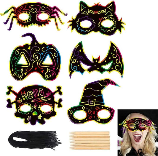CCINEE 36pcs Halloween Scratch Paper Mask, Magic Scratch Off Art Masks with Elastic Cords and Wood Stylus for Halloween Costume Dress up Party Decorations