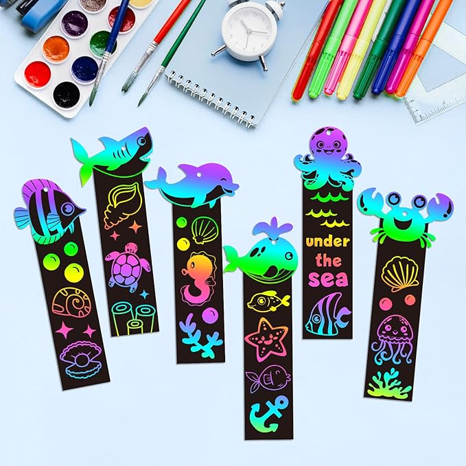 BeYumi 60Pcs Sea World Animals Scratch Bookmarks for Kids DIY Under The Sea Magic Art Rainbow Color Paper Craft Kit Summer Party Favors Birthday Gifts School Classroom Activity Art Project Supplies