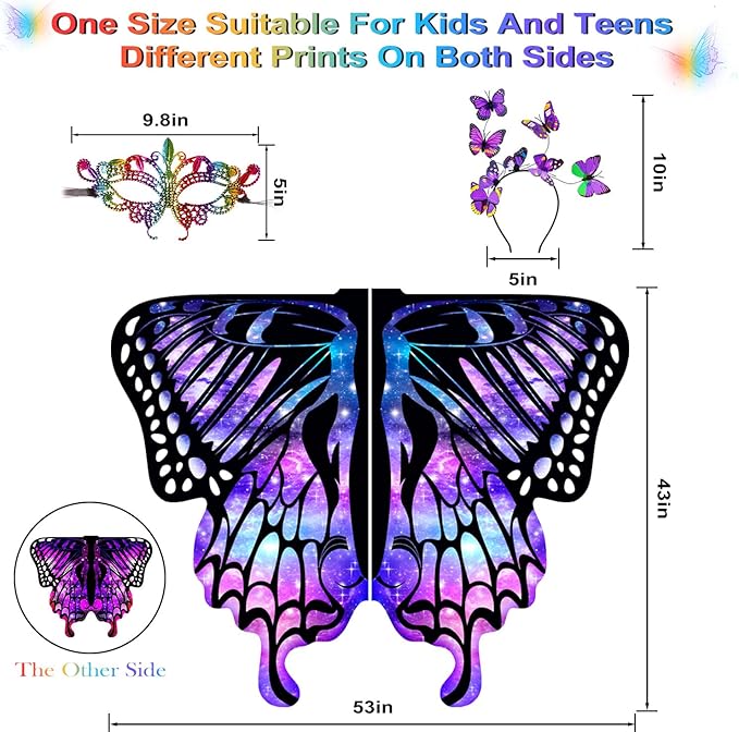 Butterfly Wings For Girls, Double-Sided Fairy Wings, Halloween Costumes for Kids, 3PCS Butterfly Cape Set.