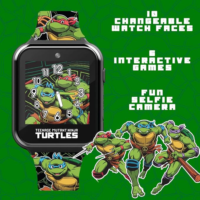 Accutime Teenage Mutant Ninja Turtles Kids Smart Watch with Touchscreen, 10 Customizable Faces, Camera, Step Counter, Calculator, Timer, and Alarm – Fun Interactive Learning for Boys and Girls