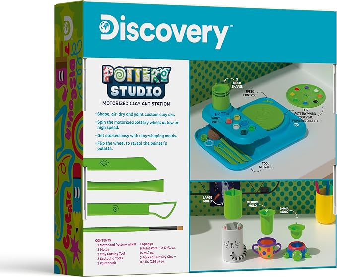 Discovery™ Pottery Studio Motorized Clay Art Station – Complete Set with Pottery Wheel, 3 Molds, Tools, Paints, & Air-Dry Clay for Kids| Arts and Crafts Toy for Boys Girls| Art Supplies Activity Kit