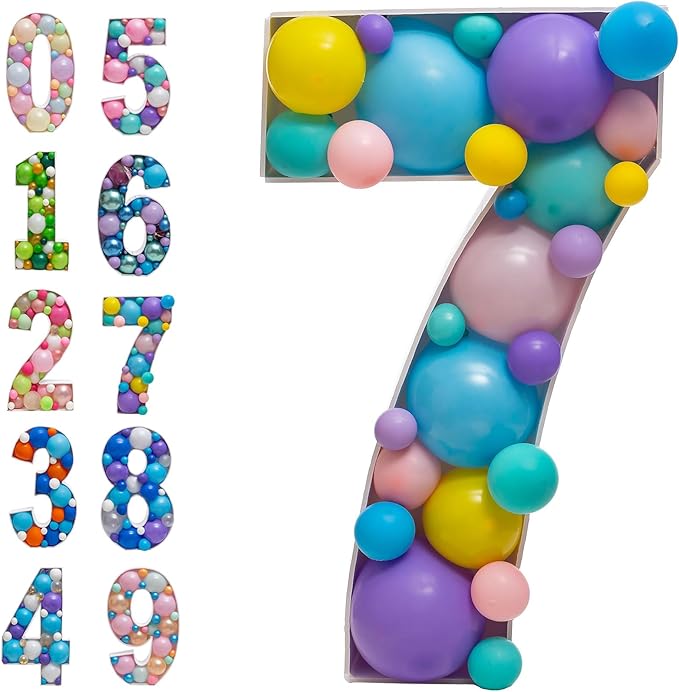 Mosaic Balloon Numbers Frame Light Up Numbers 7 Pre-Cut Large Foam Board Sign Cut-out for Boy Girl Birthday Backdrop Anniversary Decoration