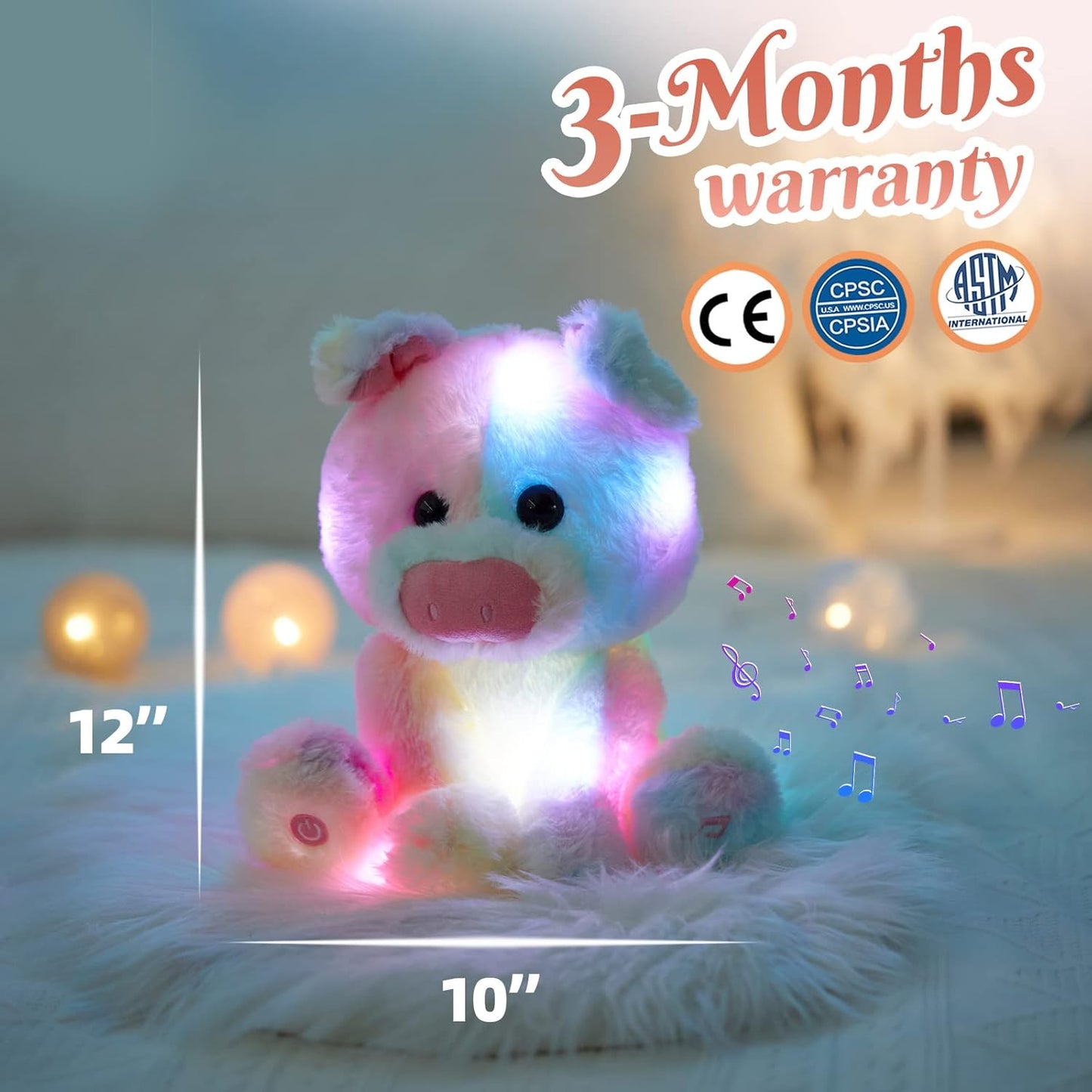 Glow Guards 12''Musical Light up Rainbow Pig Stuffed Animal,LED Singing Soft Piggy Farm Animal Plush Toy with Night Light&Lullaby,Ideal Gifts Birthday Children's Day Hoilday for Toddler Kids
