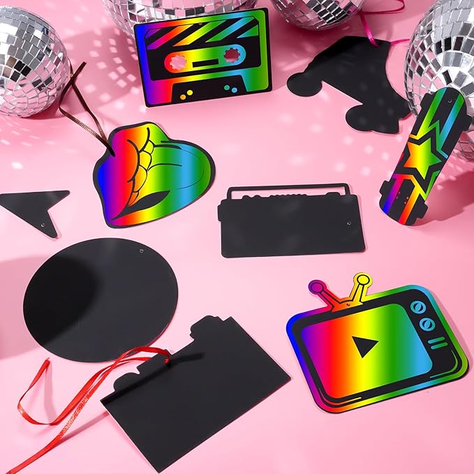 NODMIPNS 36 Pieces 80s Party Scratch Art for Adult,Retro 1980s Hip Hop Party Rainbow Scratch Paper Kit Scratch Crafts Art Set,Back to The 80s Birthday Party Favors DIY Ornament for Christmas Tree