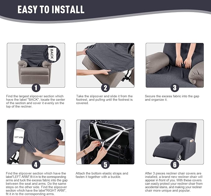 KinCam Recliner Covers, Stretch Reclining Chair Covers, Recliner Sofa Slipcovers Stripe Jacquard Recliner Couch Covers Furniture Protector Covers for Pet Kid (1 Seater, Charcoal Gray)