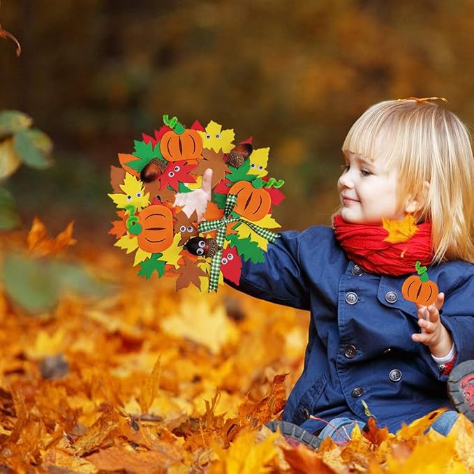 Supla 12 Kits 3D Pumpkin Fall Leaf Wreath Craft Kit DIY Thanksgiving Wreath with Maple Leaves Acorns Bows Wiggle Eyes for Kids Crafts Fall Thanksgiving Halloween Seasonal Decoration