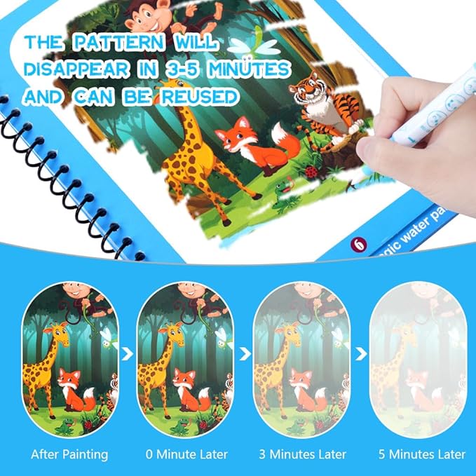 OSDUE 6 Pack Water Coloring Book for Toddler, Water Painting Book for Toddlers, Paint with Water Books, Educational Learning Doodle Toy, Reusable No-Mess Art Book Travel Toys & Xmas Gift for Kids