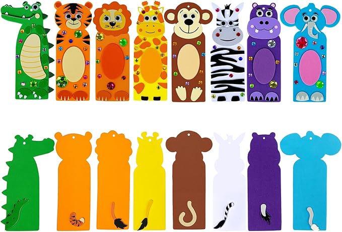 Winlyn 32 Sets Jungle Animal Crafts Kits DIY Jungle Safari Zoo Wild Animal Bookmarks Decorations Art Set Tiger Lion Zebra Foam Stickers for Kids Party Favors Classroom Activities Reading Rewards