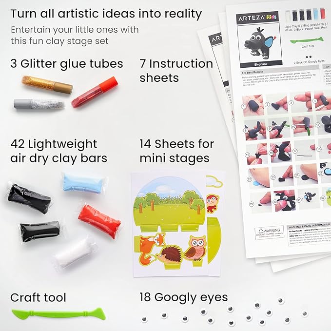 Arteza Kids Air Dry Clay, 42 Bars, Safari Stage Modeling Clay Kit, 14 Mini-Stages, 14 Googly Eyes, 3 Glitter Glues, 1 Craft Tool, 7 Instruction Sheets, Craft Supplies for Learning and Developing