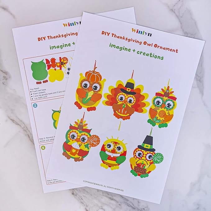 Winlyn 24 Sets Thanksgiving Owl Ornaments Decorations Art Sets DIY Thanksgiving Craft Kits Fall Crafts Pumpkin Sunflower Turkey Foam Stickers Arts and Crafts Googly Eyes for Kids Classroom Activities