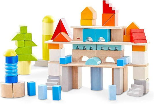 HABA Colored Wooden Building Blocks- Set of 85 Piece Set of Wooden Toys, Stacking Toys for Toddlers 1-3 Ideal Open Ended Toys (Made in Germany)