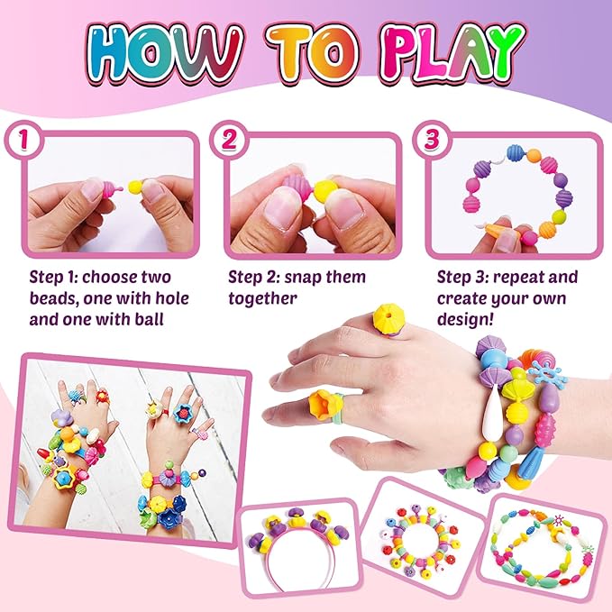 FUNZBO 850pcs Pop Beads - Jewelry Making Kit for 3 4 5 6 7 8 Year Old Little Girls, Arts and Crafts Toys for Kids, Necklace Bracelet Ring Hairband Creativity Snap Set Easter Holidays Birthday Gifts