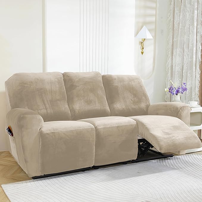 NORTHERN BROTHERS Stretchy Recliner Chair Covers, Velvet Recliner Covers, Lazy Boy Chair Cover (Khaki, 3 Seat)