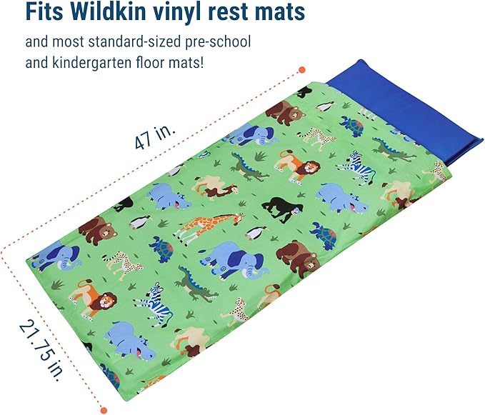 Wildkin Kids Nap Mat Cover for Boys & Girls, Sewn-in Flap Design Rest Mat Cover, Perfect for Preschool and Daycare, Fits Our Vinyl Nap Mat up to 1.5 Inches Including Basic Sleep Mat (Wild Animals)