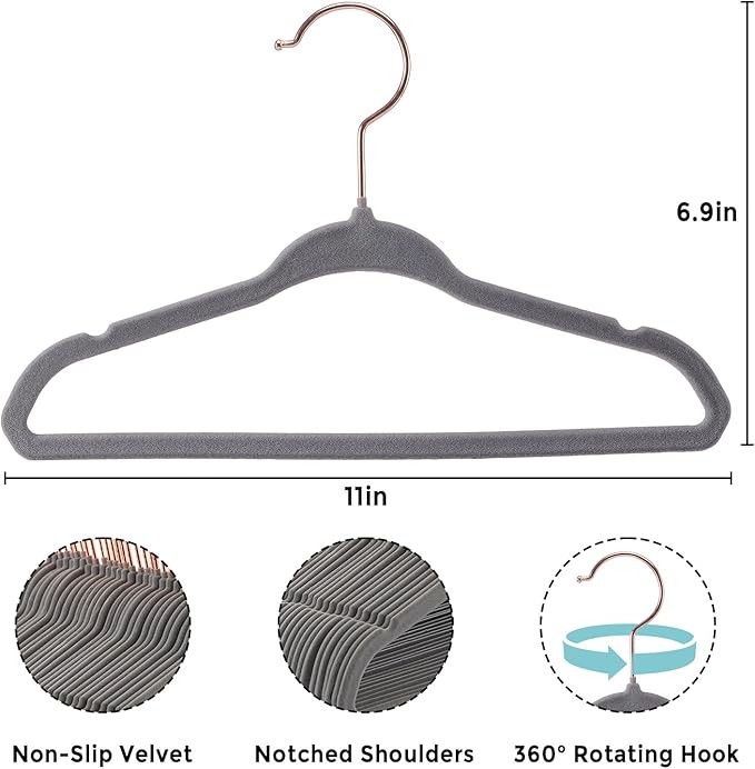 Baby Velvet Hangers 30Pack - 11 Inch Non-Slip Kids Hangers for Clothes - Small Toddler Child Hangers Durable for Every Use - 10 Hanger Clips Included, Gray