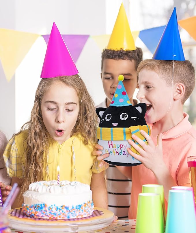 Stuffed Cat Birthday Plush Gift - Adorable Black Cat Stuffed Doll, Cute Birthday Hat and Scarf, Soft Huggable for Kids, Cute Decor, 8 Inch