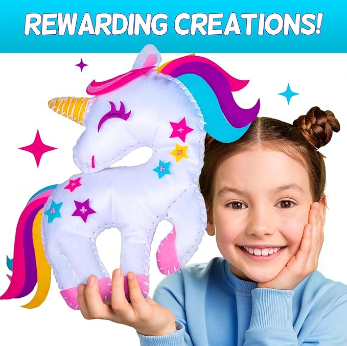 CRAFTSBEE Beginner Sewing Kit for Girls Ages 7+ - 5 DIY Unicorn Felt Stuffed Animals and Plus Pillow Craft, Educational Learn to Sew Unicorn Kit