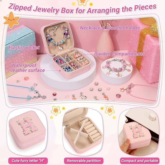 LifeisLuck Charm Bracelet Making Kit - 110 Pcs Girls Beads Jewelry Making Kit, Unicorn & Mermaid Crafts Toys Kids Birthday Gifts for Little Girls Ages 8-12, with H Initial Personalized Bracelet Case