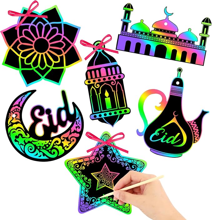 FEBSNOW 48 PCS Ramadan Crafts for Kids, Magic Rainbow Scratch Art Paper Cards for Kids Ramadan Gifts Eid School Classroom Activities Project Ramadan Eid Party Favors Hanging Ornaments