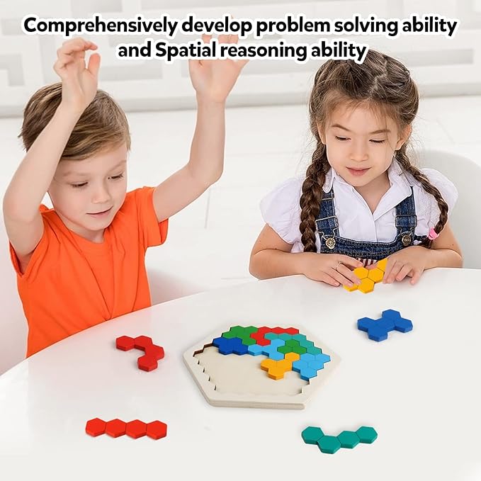 Skrtuan Wooden Blocks Puzzle for Kid Adults Brain Teaser Hexagon Puzzles Games Toy Shape Pattern Block Tangram Geometry Logic IQ STEM Montessori Educational Gift for All Ages Boys Girls Challenge
