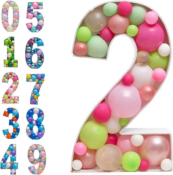 Mosaic Balloon Frame Marquee Light Up Number 2 Pre-Cut Large Foam Board Sign Cut-Out for Boy Girl Birthday Backdrop Anniversary Decoration
