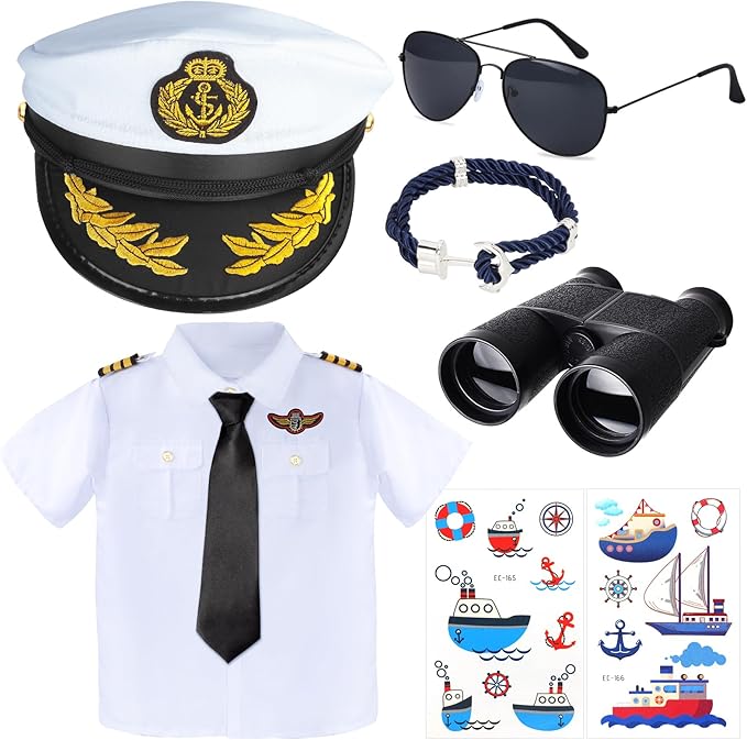 Yewong Kids Yacht Captain Sailor Costume Navy Admiral Uniform Hat Accessories Set for Halloween Birthday Boat Party