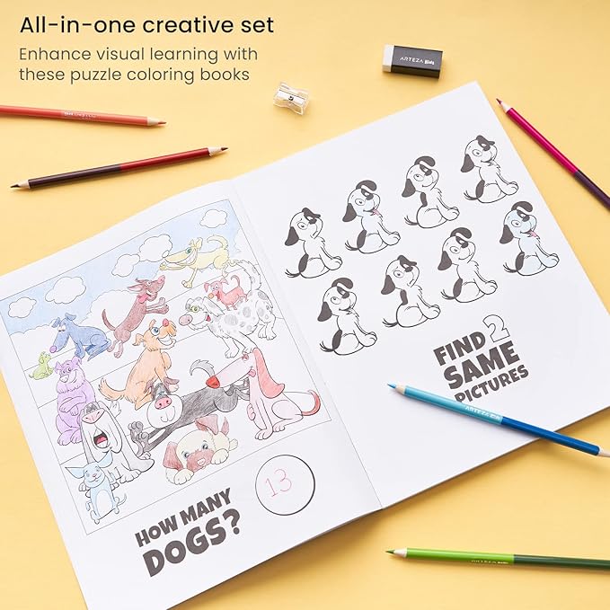 Arteza Kids Activity Book, I Spy Coloring Book, 8.5 x 11 Inches, School Supplies for Ages 6 and Up, 50 Sheets, 12 Double-Ended Colored Pencils, Black Marker, Eraser, Pencil Sharpener